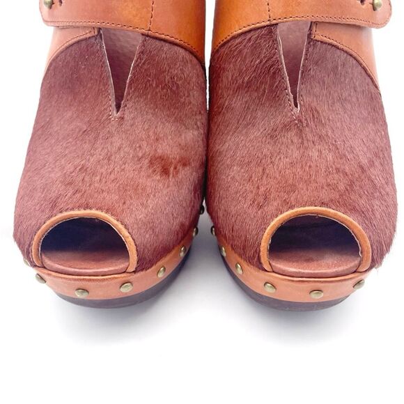 UGG Nicco Leather Calf Hair Platform Peep Toe Slingback Sandal Brown Size 8.5 - Picture 12 of 16